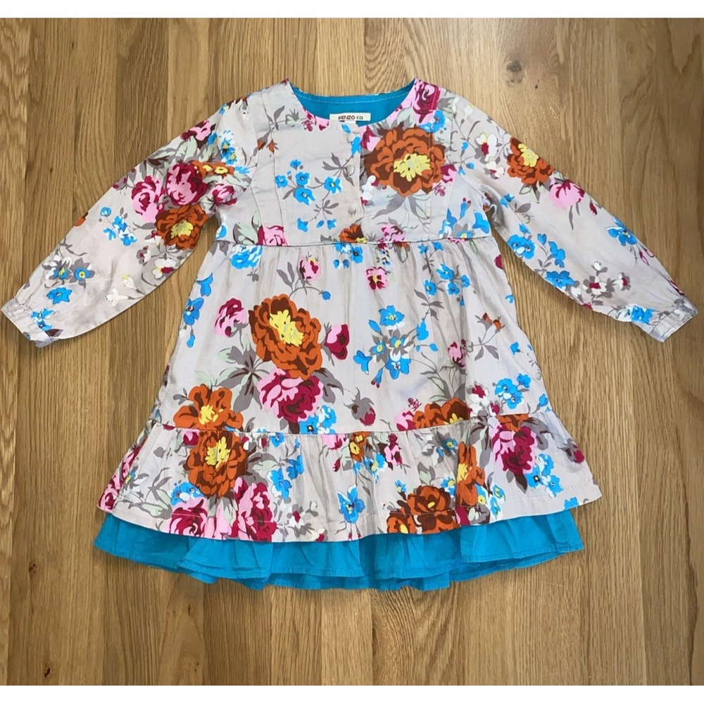 Kenzo Kids Beige Orange Blue Floral Dress Size 5A Boho Western Ruffle Cotton
